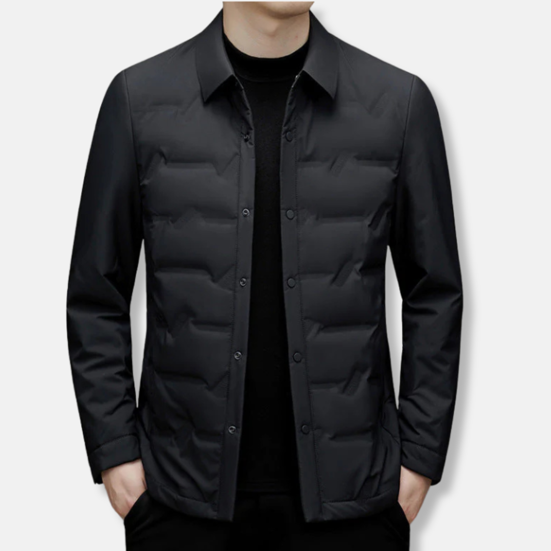 Men's slim fit quilted down jacket waist length button front water resistant puffer coat