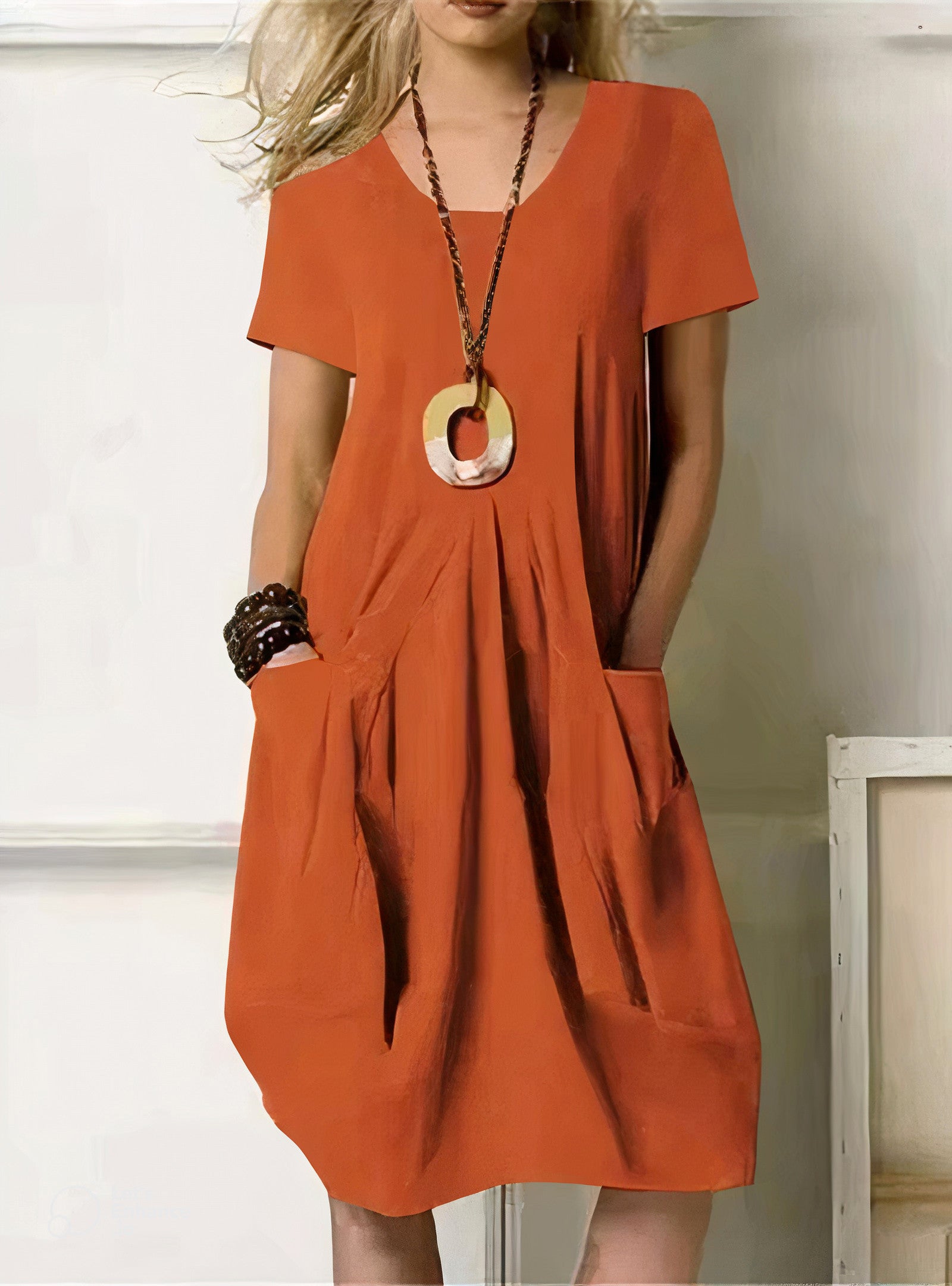 Evelyn relaxed fit midi dress in soft fabric, flattering flowy silhouette for effortless everyday elegance