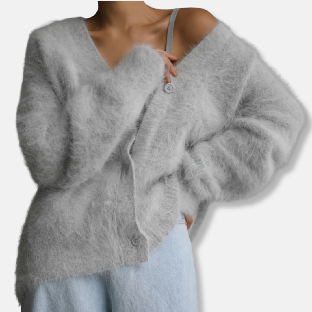 Women's oversized brushed knit cardigan in neutral tone, V-neck with single-button closure