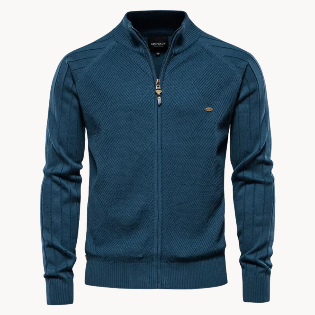 Men's wool blend knit jacket slim fit zip-up in neutral tones for casual everyday style