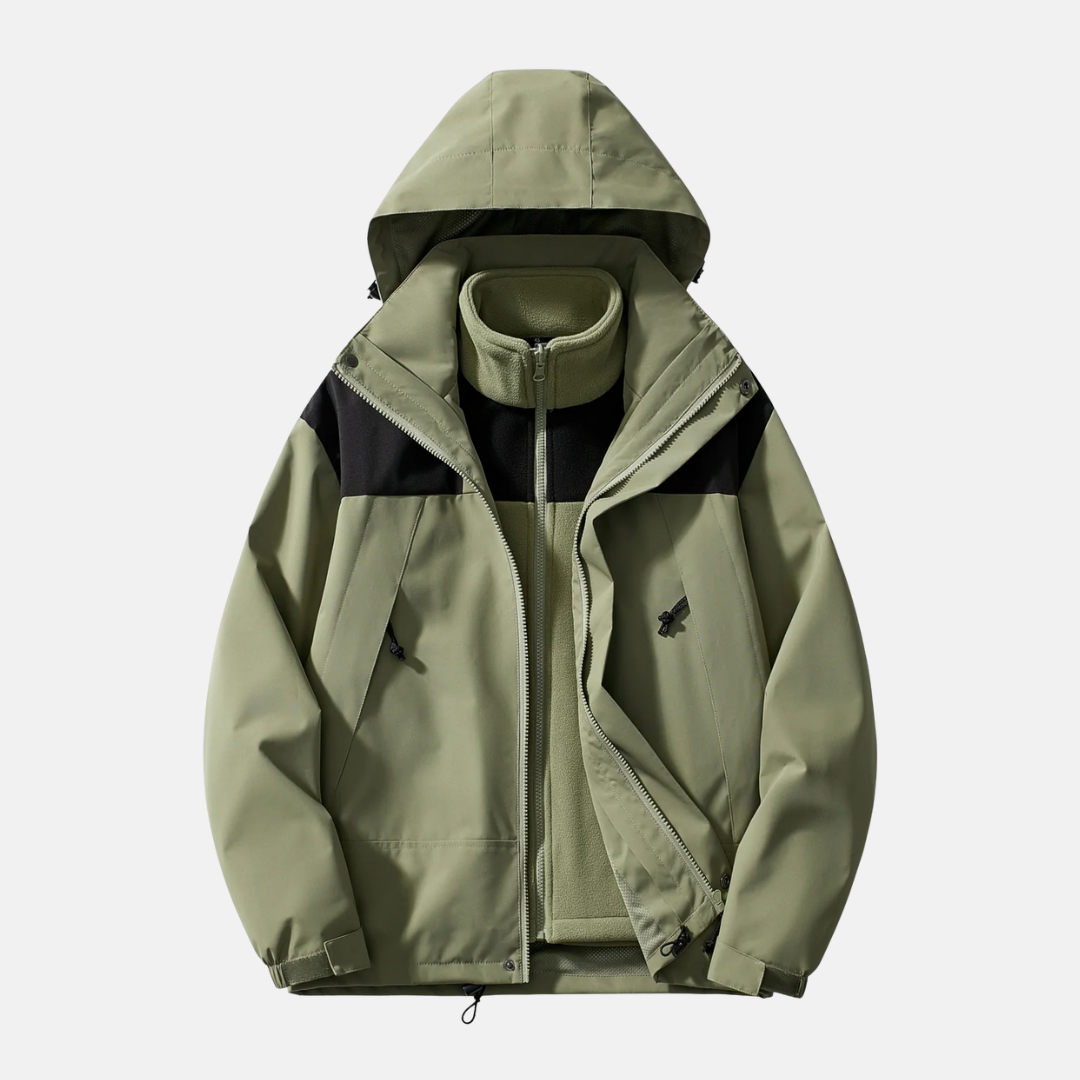 Men's three-in-one jacket water-resistant shell detachable fleece liner windproof hood all-weather outerwear