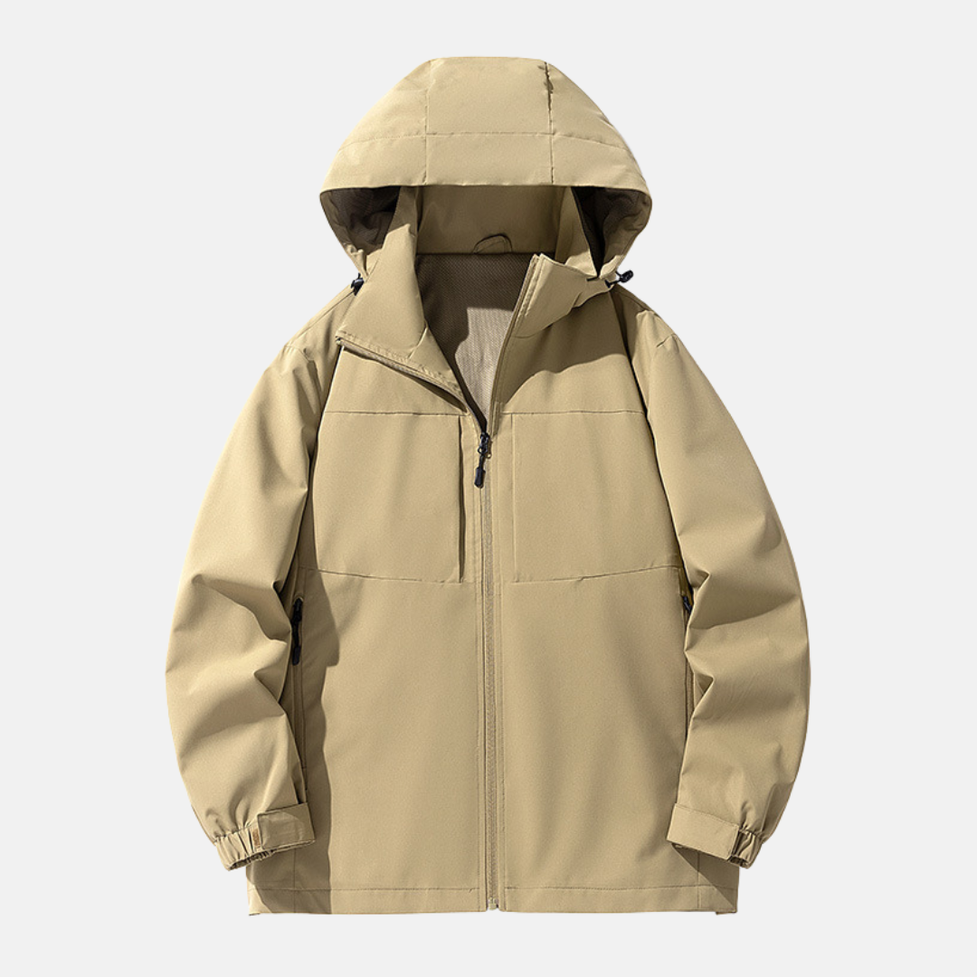 Men's relaxed-fit hooded jacket weather-resistant with zipper pockets and adjustable cuffs