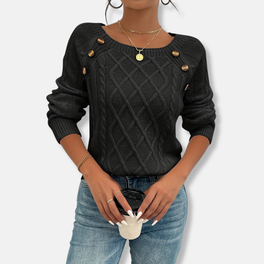 Women's cream cable knit top relaxed fit dropped shoulders button accent ribbed cuffs everyday style