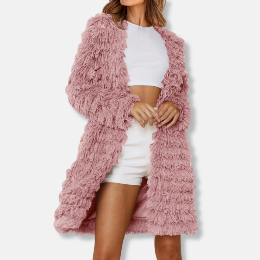 Women's longline shaggy texture cardigan open-front relaxed fit cozy plush acrylic layering piece