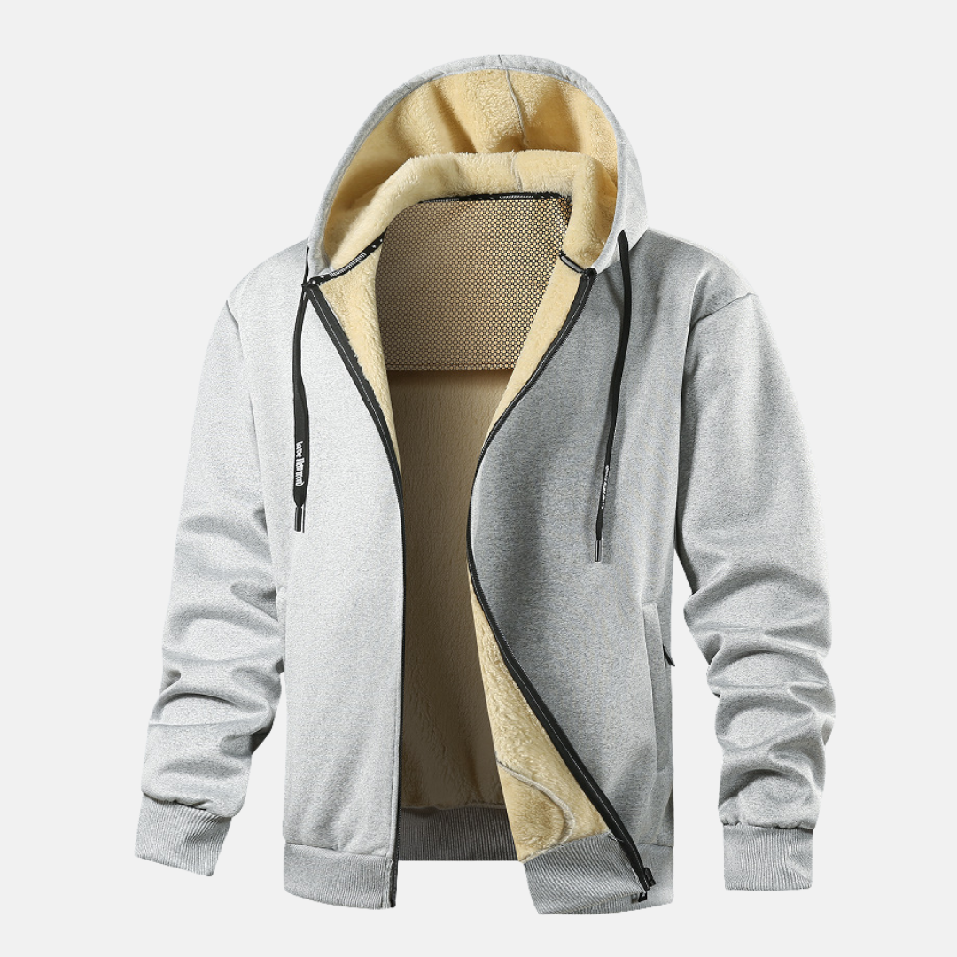 Men's zip-up hoodie jacket navy blue relaxed fit fleece-lined ribbed trim winter essential