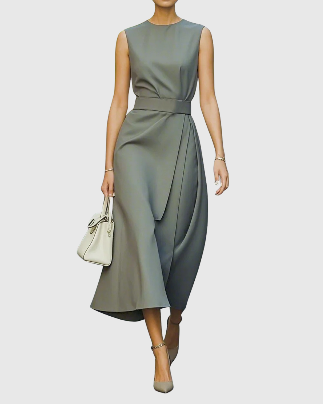 Women's rust sleeveless midi dress with round neck and distinctive twist knot waist detail