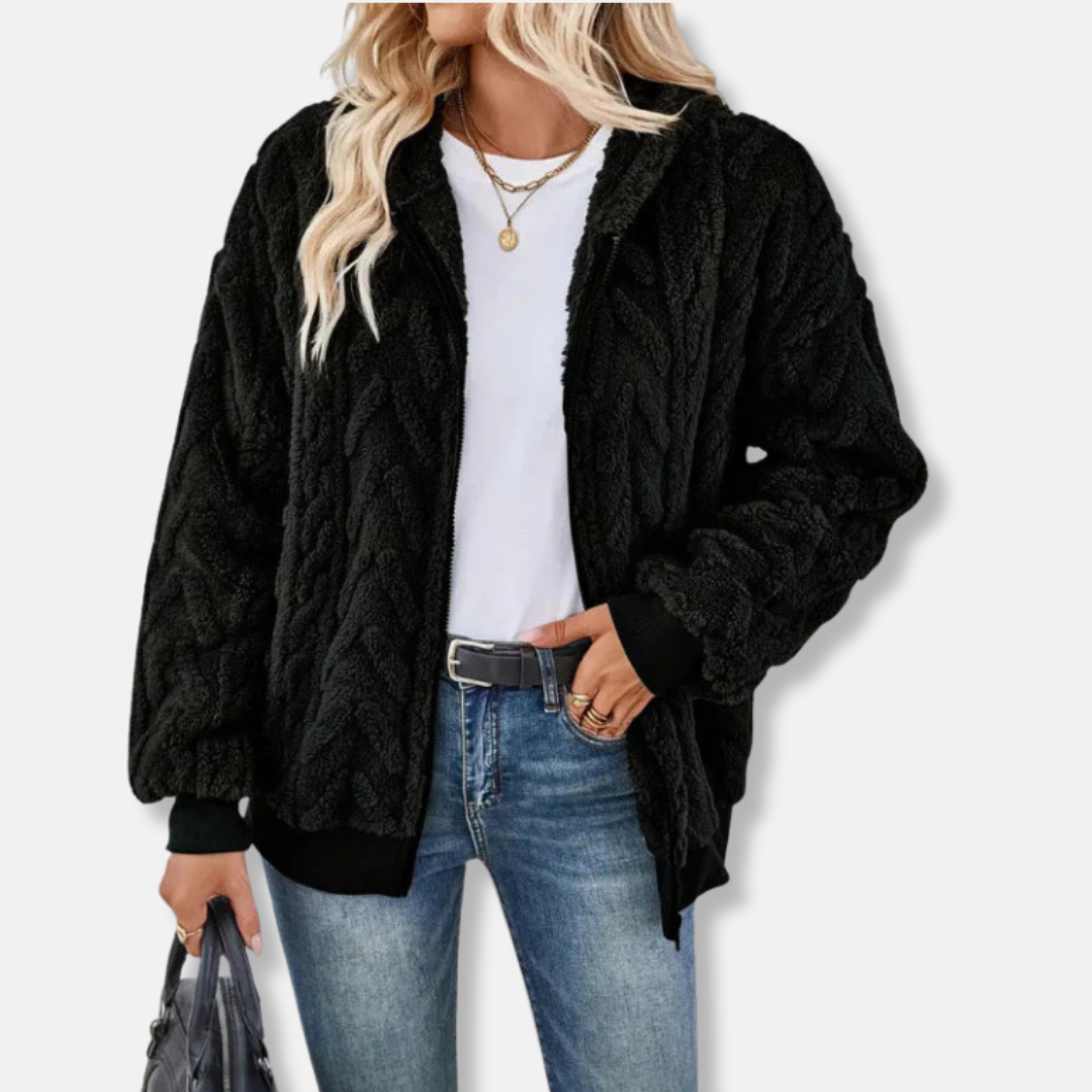 Women's oversized plush knit hooded jacket full-zip cozy relaxed fit in neutral tones