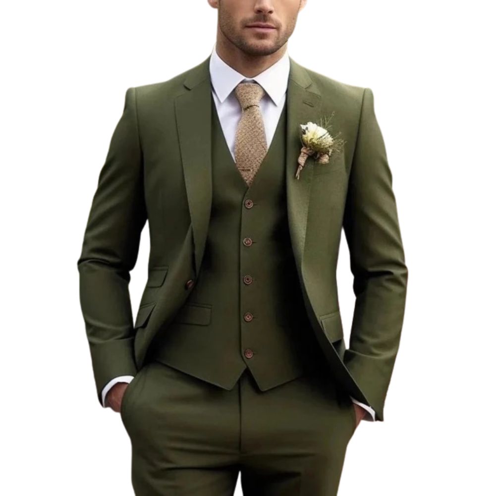 Men's slim fit three-piece formal suit in classic black with matching vest for weddings and black tie