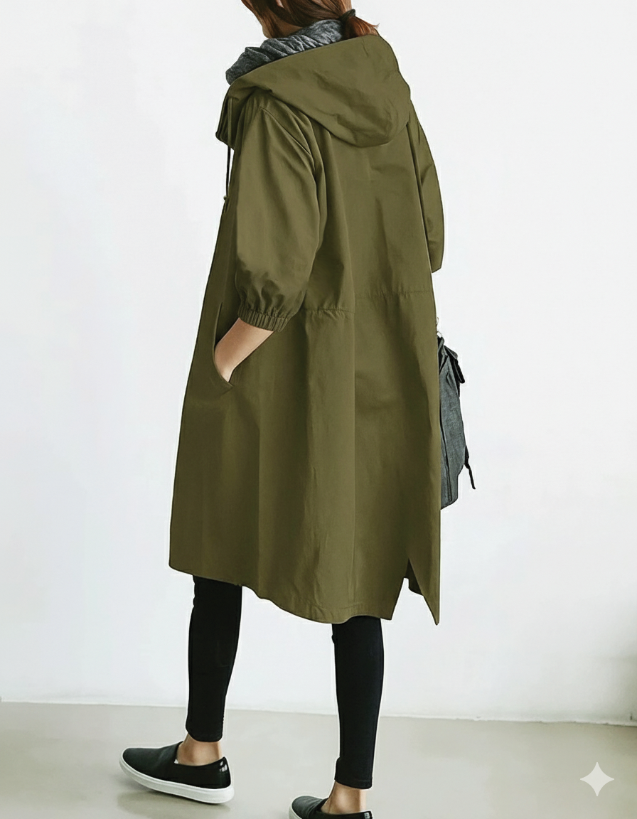 Beige hooded trench coat with belted waist and classic lapels for modern everyday elegance