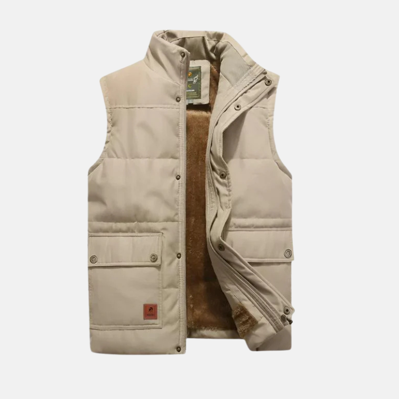 Men's deep navy quilted woven vest with stand-up collar and snap button pockets for layering