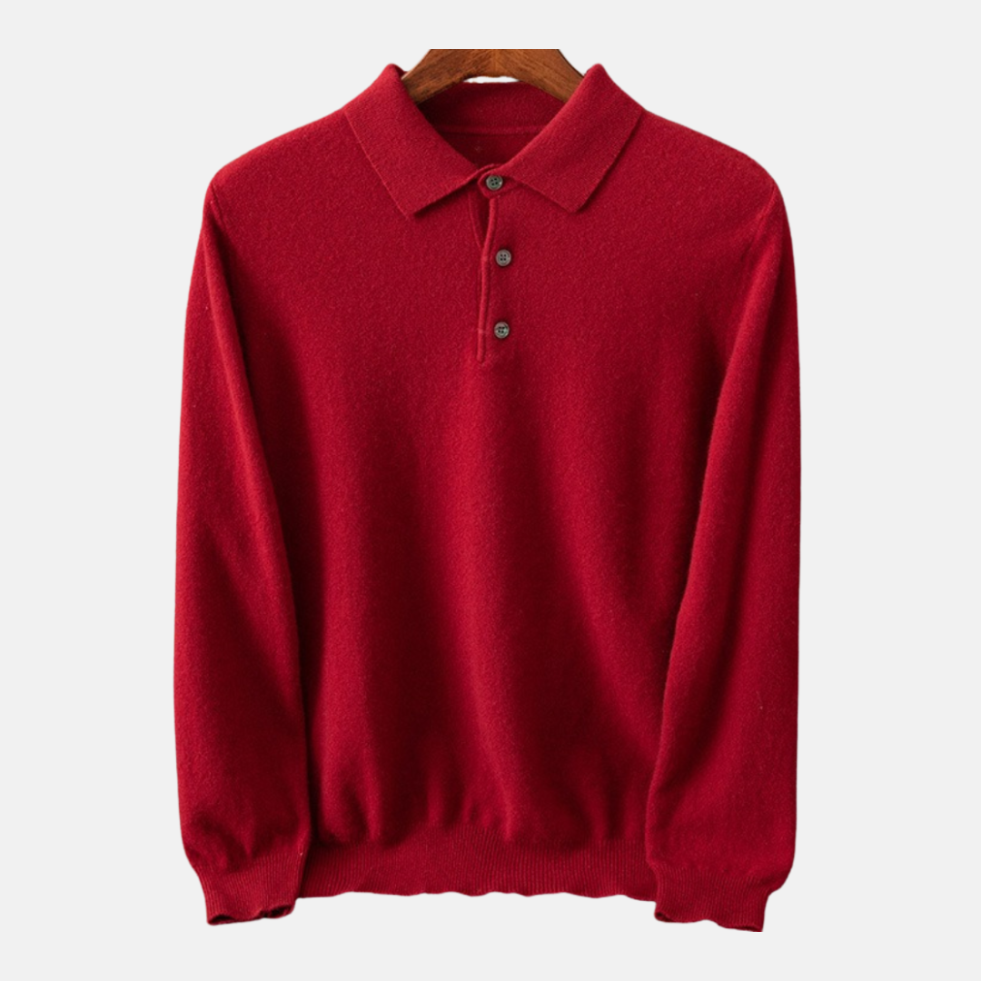 Men's fine gauge knit polo shirt long sleeve neutral tones regular fit three-button placket smart casual