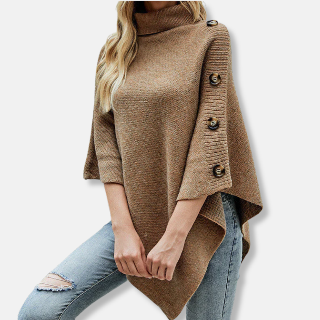 Women's oversized knit poncho high neck asymmetrical hem cozy street style fall layering piece
