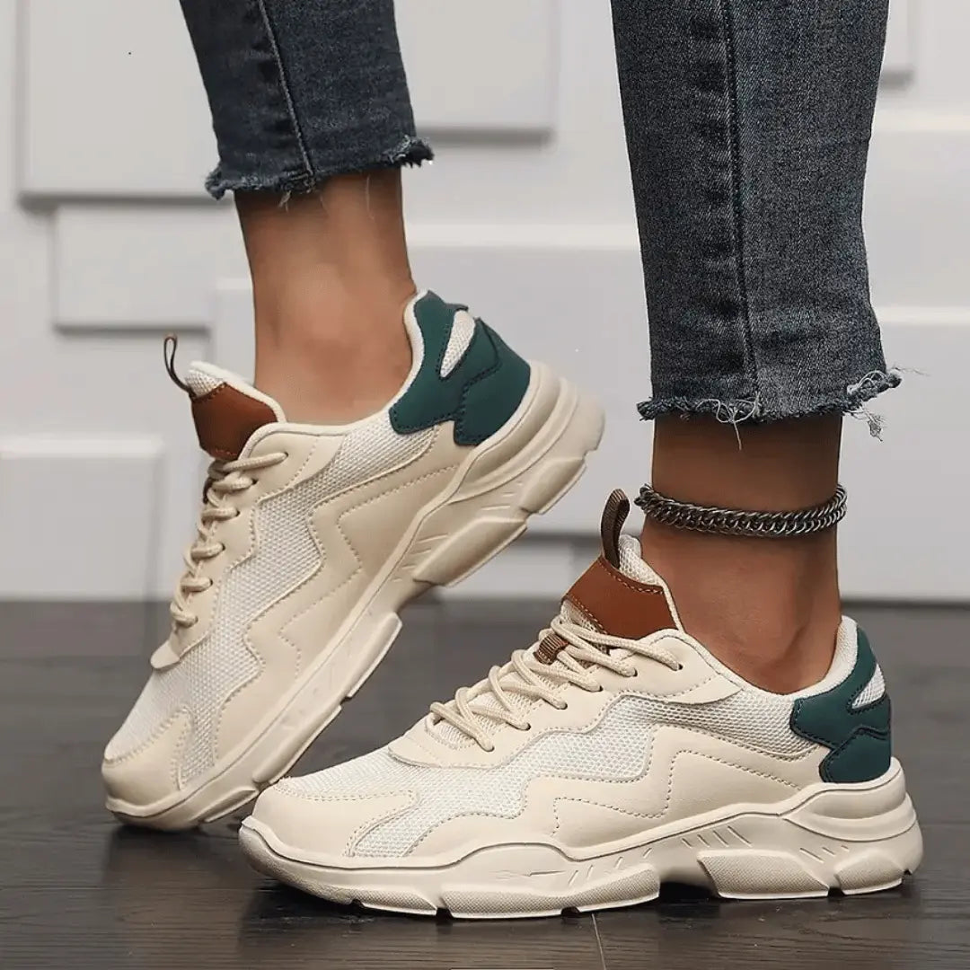 Mia Street Kicks romantic sneakers with adaptive fit, cobblestone-ready silhouette in subtle multicolor tones