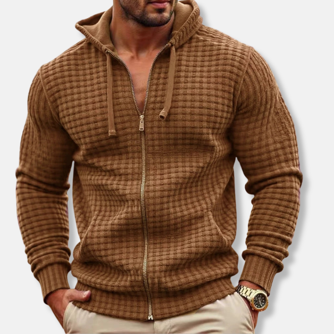 Men's gray zip-front cotton blend hoodie regular fit with textured grid pattern