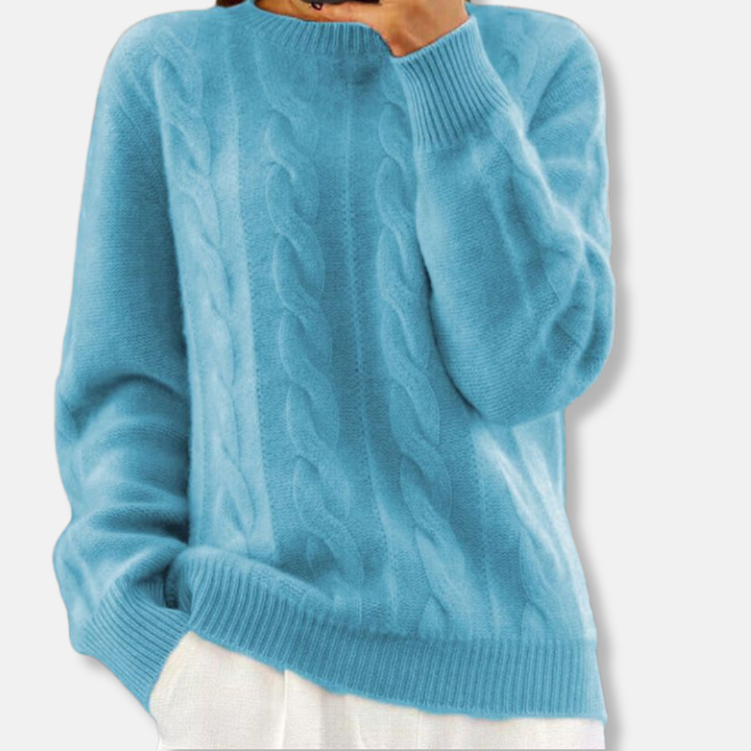 Women's ivory relaxed fit cable knit crewneck sweater with wool-cashmere blend texture
