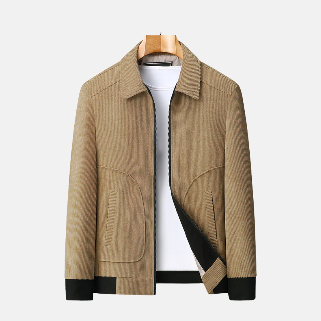 Men's brown corduroy loose fit hip-length jacket smart casual outerwear with soft wale texture