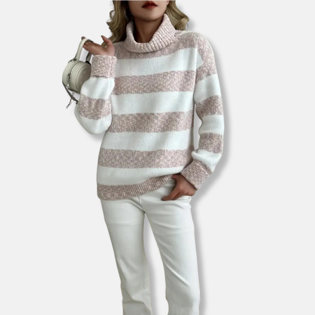 Women's plush knit pullover sweatshirt loose fit ribbed turtleneck striped texture cozy style