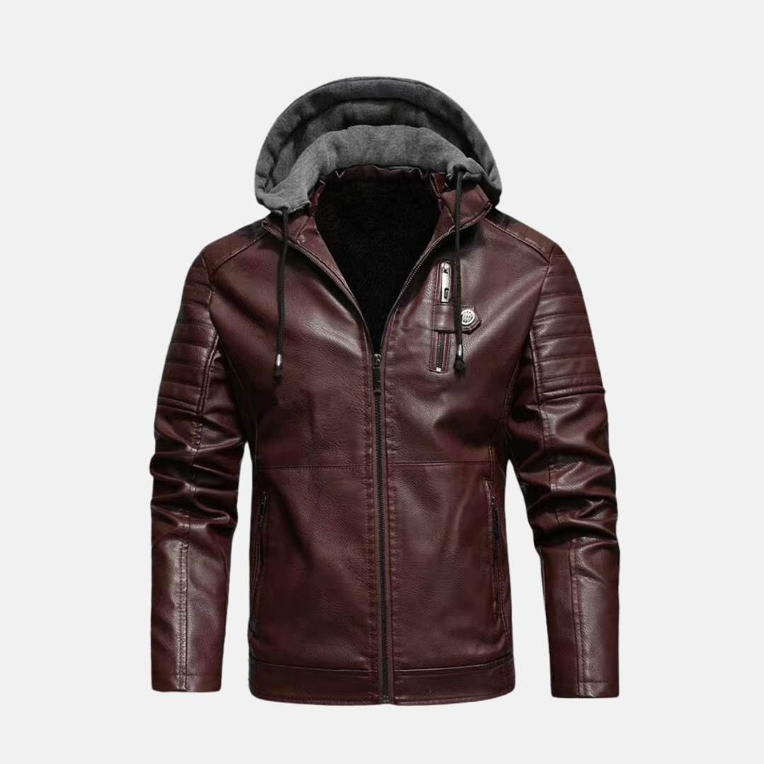 Men's slim-fit black PU leather hoodie jacket with quilted shoulders and plush-lined interior