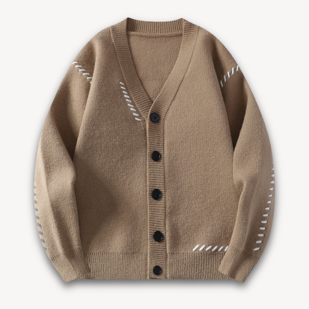 Men's cream oversized cardigan soft wool-blend knit button closure relaxed casual layer silhouette