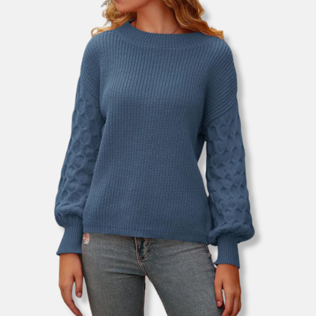 Women's knit pullover sweatshirt relaxed fit round neck soft medium weight balloon sleeves