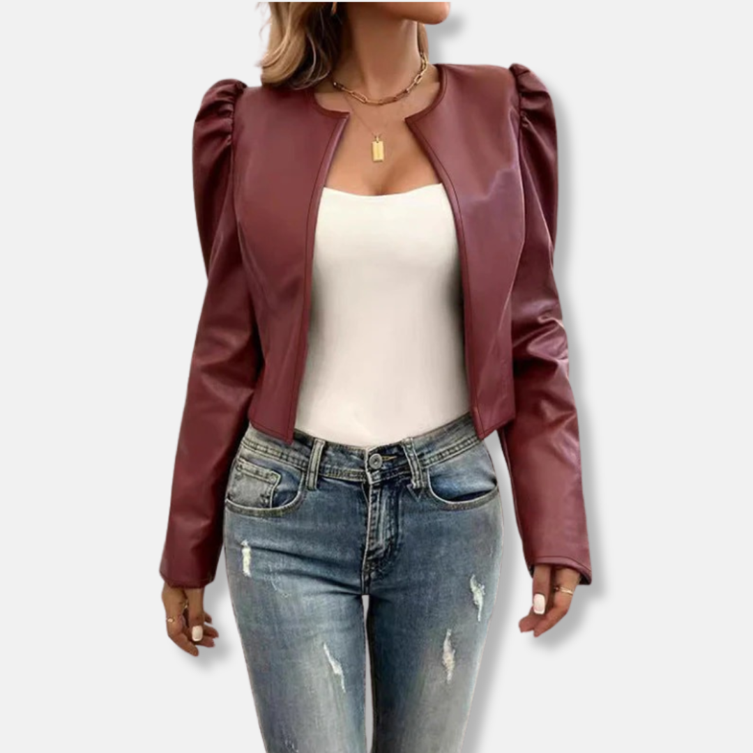 Black faux leather cropped jacket with puff sleeves, collarless open front chic silhouette