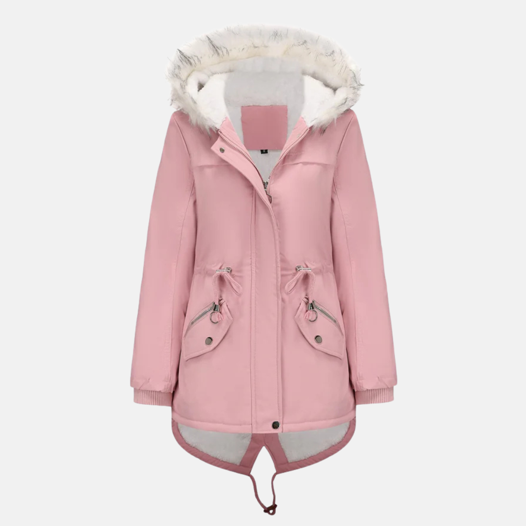 Women's mid-length weather-resistant parka jacket tailored fit with removable faux fur hood