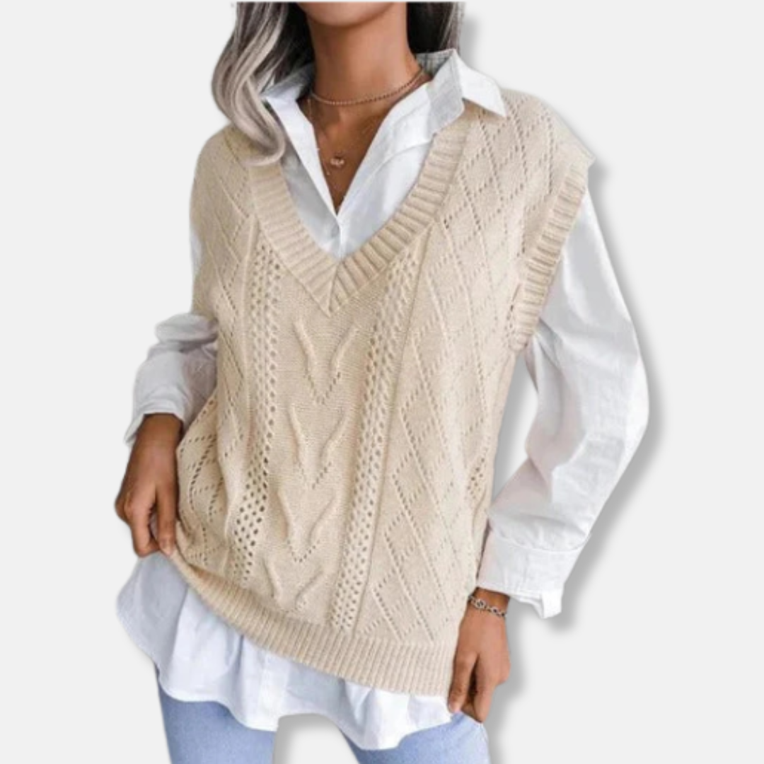 Women's relaxed-fit cable knit V-neck vest soft cotton blend casual layering staple