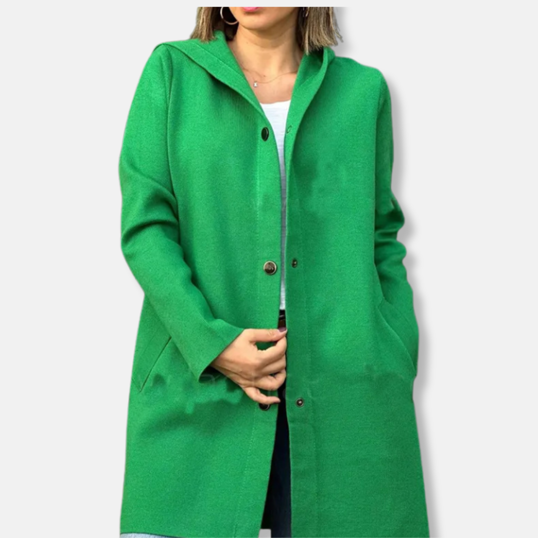 Women's wool hooded coat with snap button closure, A-line silhouette, mid-thigh length, elegant fit