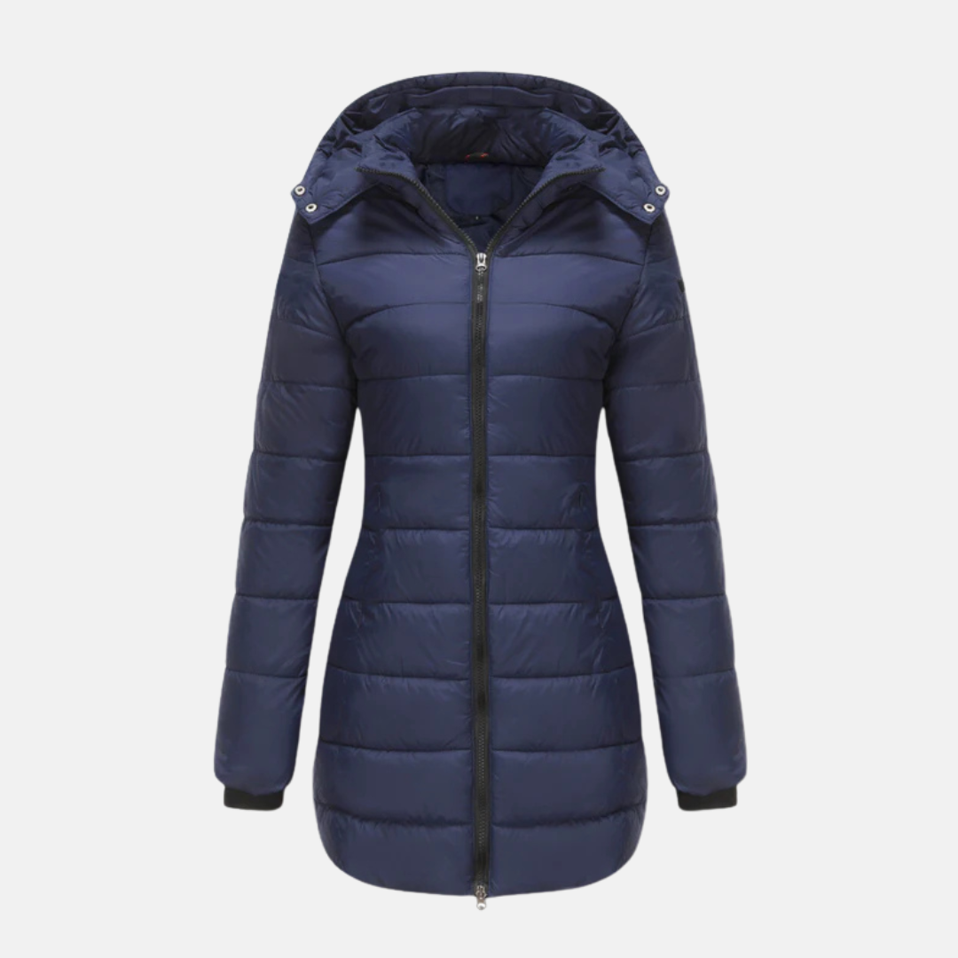 Women's longline quilted padded coat hooded modern fit with two-way zipper insulated cold weather