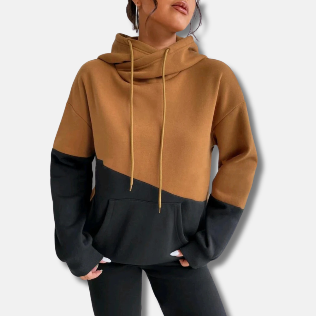 Women's colorblock hoodie relaxed fit soft knit fabric with kangaroo pocket in modern two-tone design