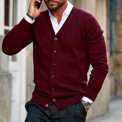 Men's Nordic knit cardigan sweater jacket in cozy neutral tones with structured contemporary pattern