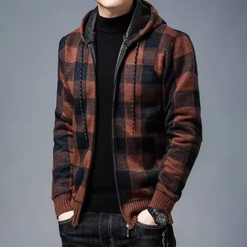 Men's plaid fleece zip-up hoodie in warm cozy tones, soft insulating fabric for cold weather comfort
