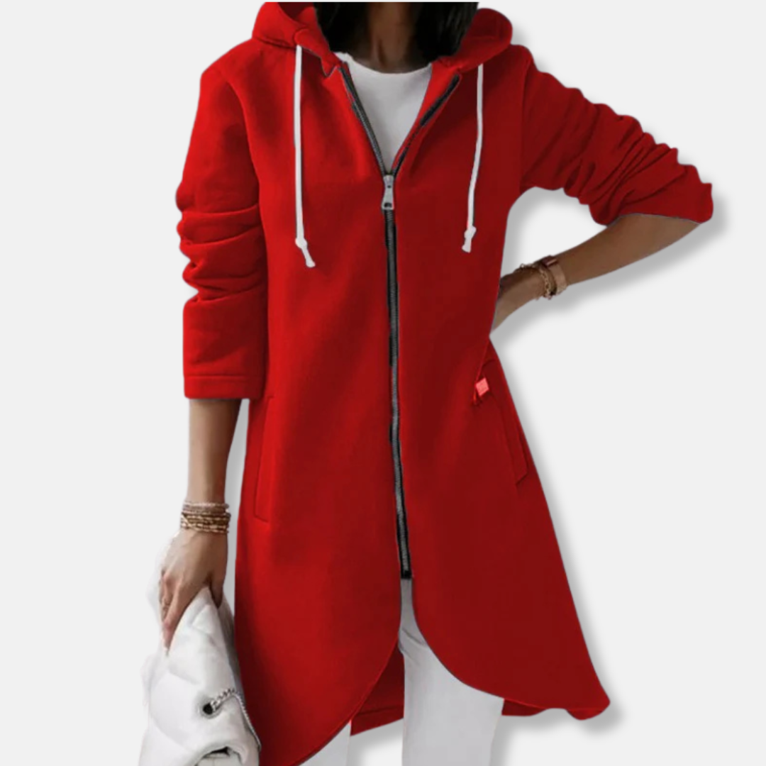 Women's knit hooded cardigan long length full-zip relaxed fit with asymmetrical hem