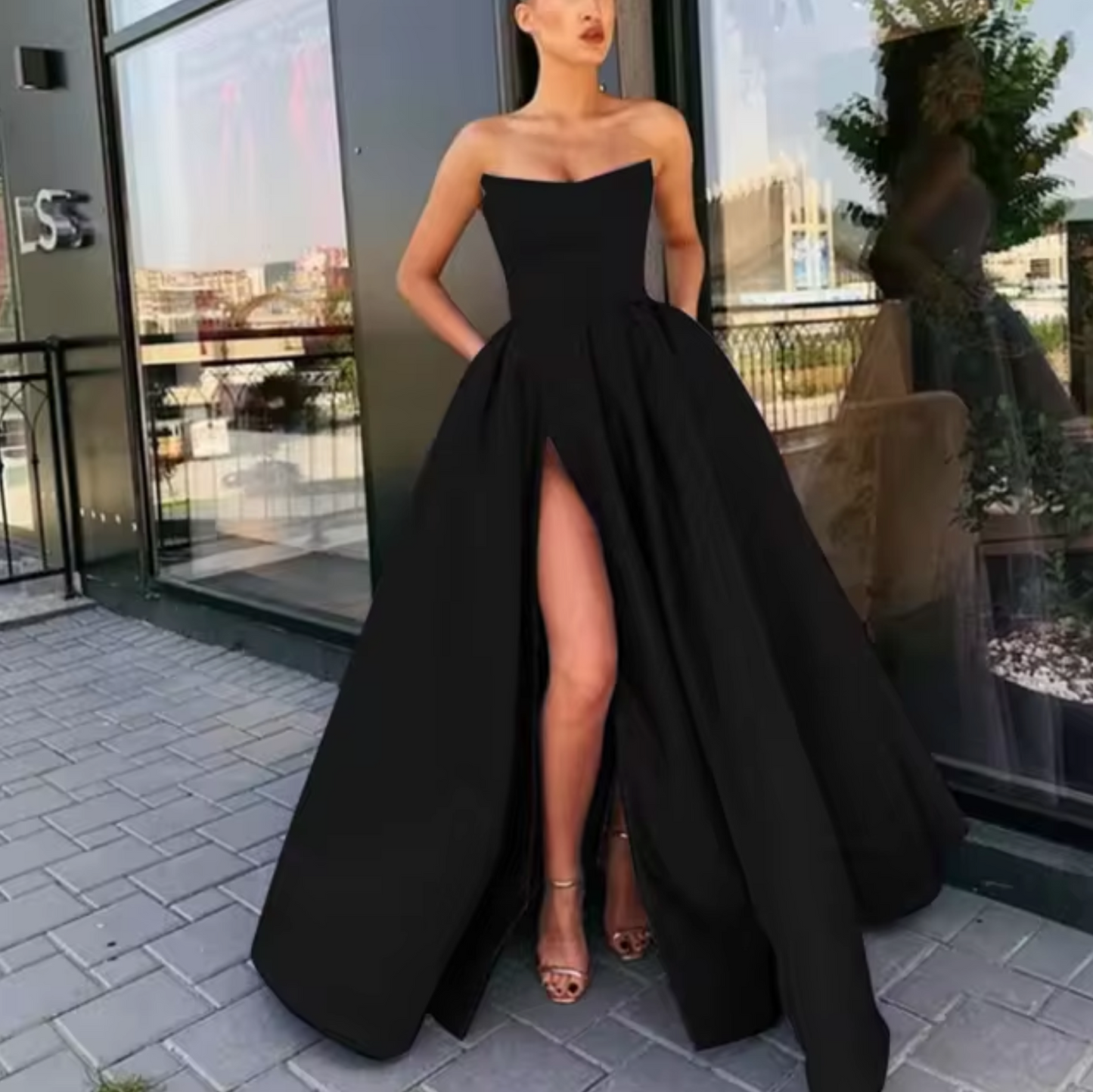 Black strapless A-line evening gown floor-length with high slit elegant formal dress