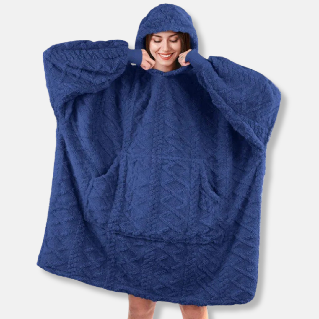Women's oversized plush knit wearable blanket hoodie with kangaroo pocket for cozy lounge
