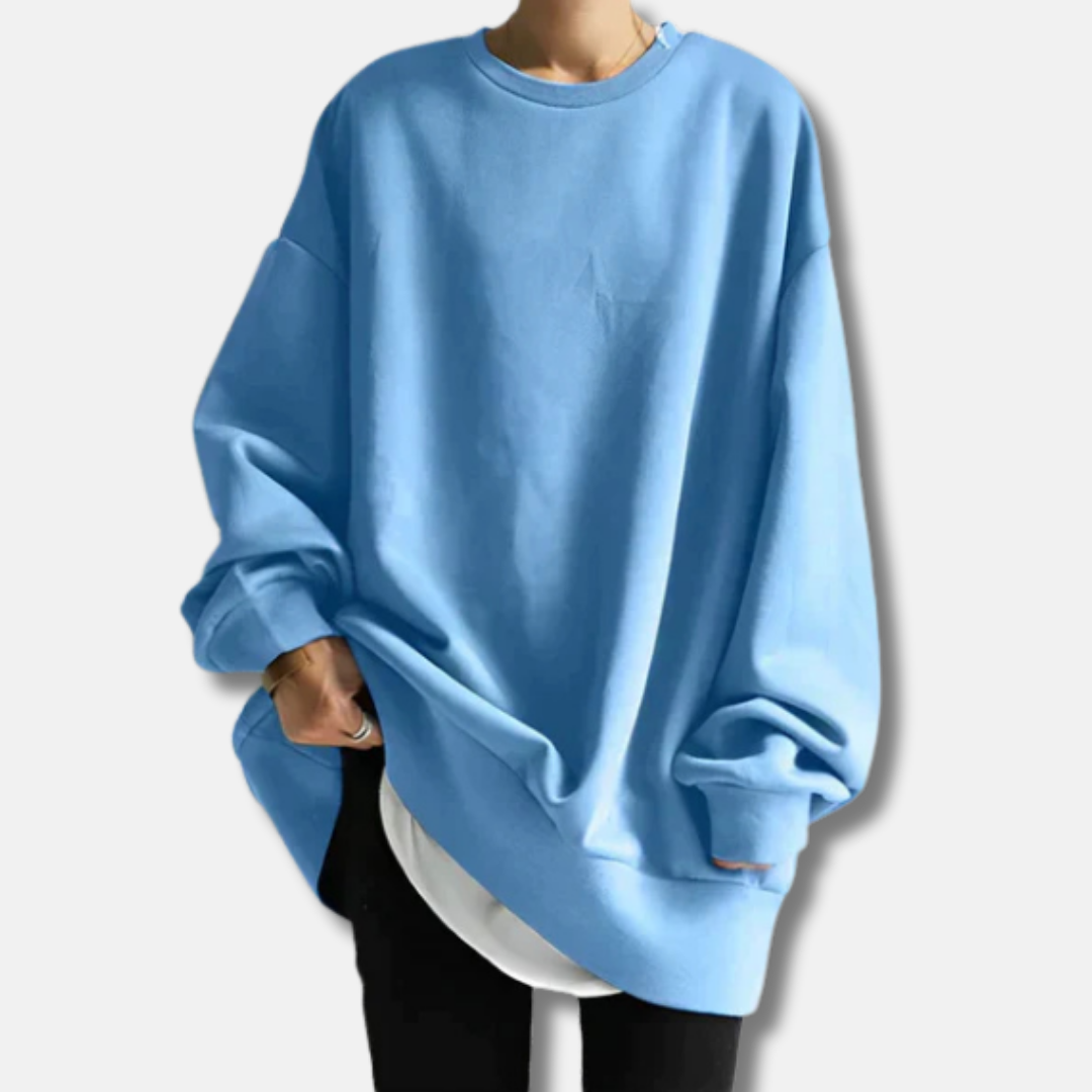 Women's oversized soft knit tunic sweatshirt with ribbed crew neck, relaxed fit for effortless layering