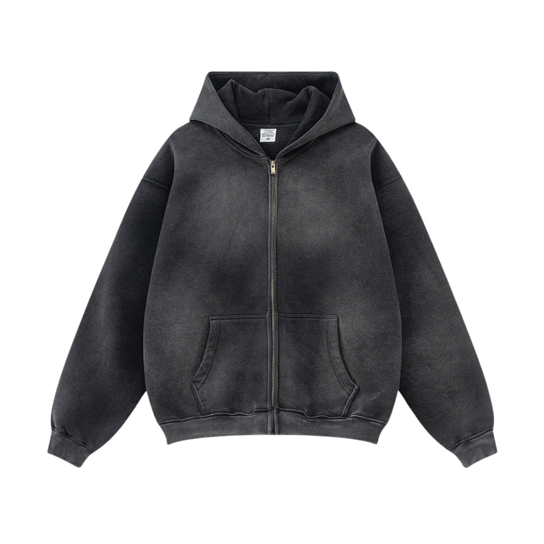 Cotton gradient wash hoodie with zipper closure and hand-distressed details in ombre colorway