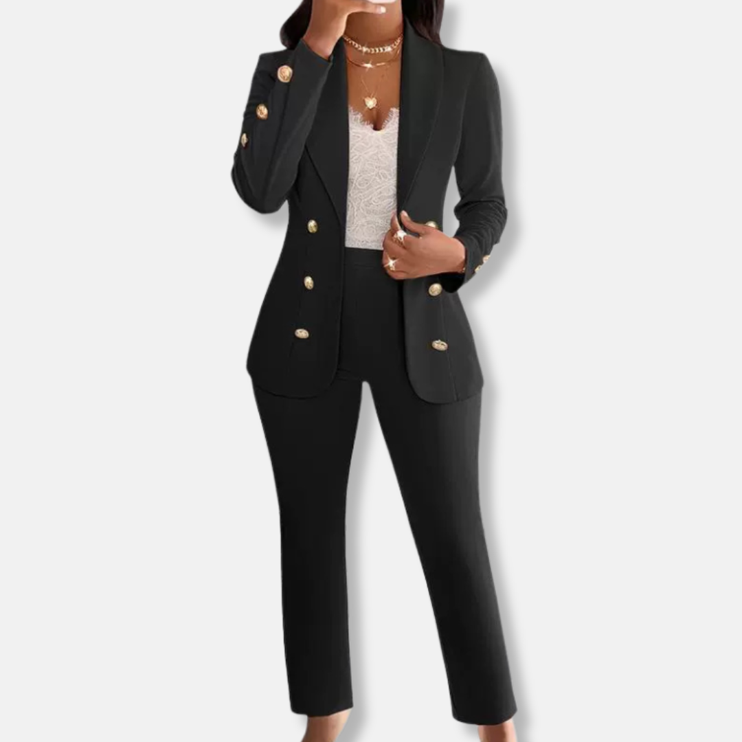 Women's slim fit double-breasted blazer and straight leg trousers set with shawl collar