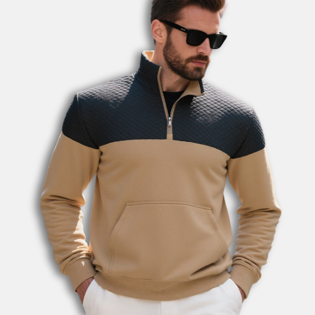 Men's gray cotton blend half-zip sweatshirt with stand collar and quilted diamond pattern
