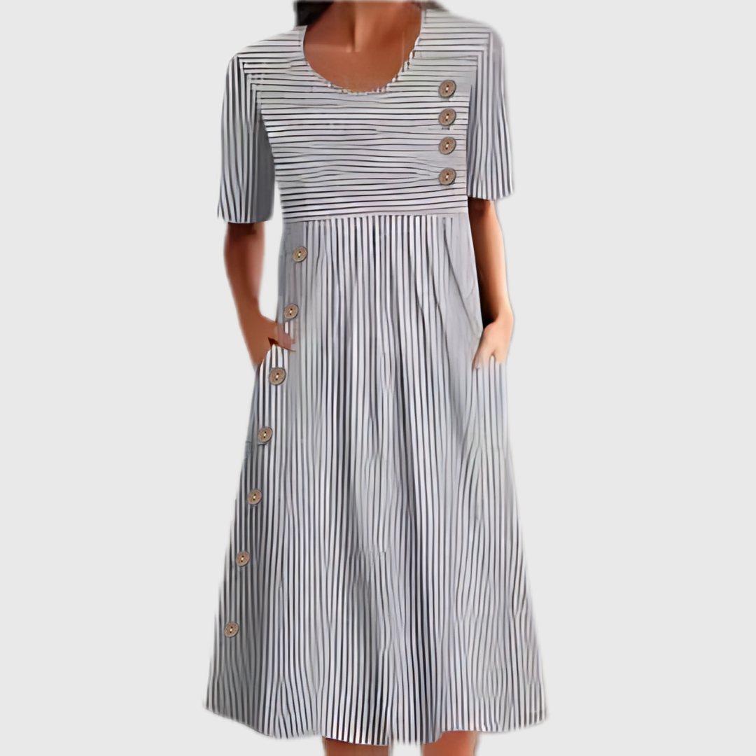 Striped midi dress with front button closure, lightweight relaxed fit in multicolor stripe pattern
