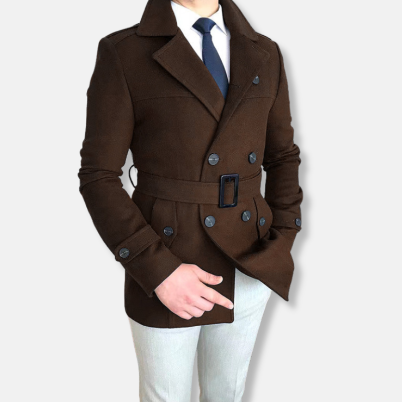 Men's burgundy wool-blend double-breasted jacket tailored fit with belted waist by Wavlynn