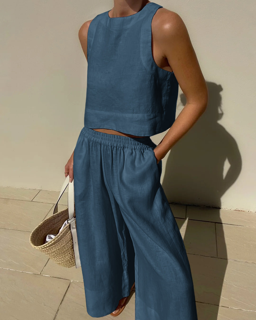 Women's linen two-piece set crop top wide-leg pants coordinated summer outfit vibrant tone