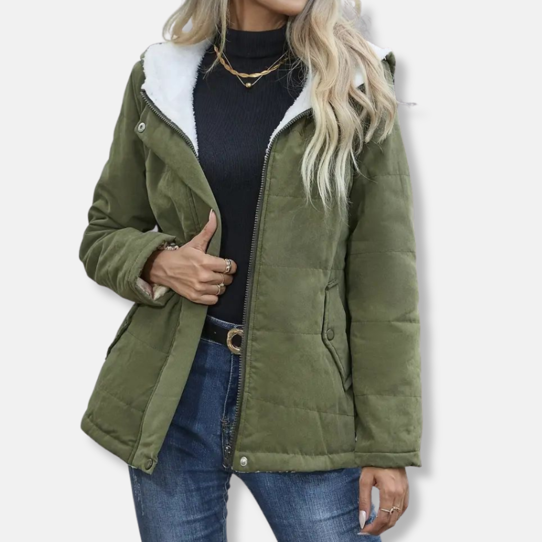 Women's quilted short hooded coat with plush fleece lining, full-zip closure, casual winter style