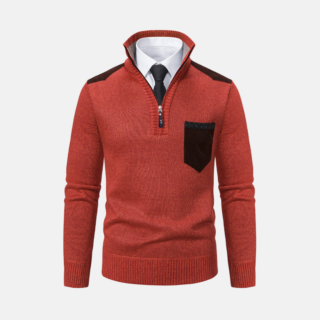 Men's gray knit blend quarter-zip pullover sweater with stand collar for smart casual wear