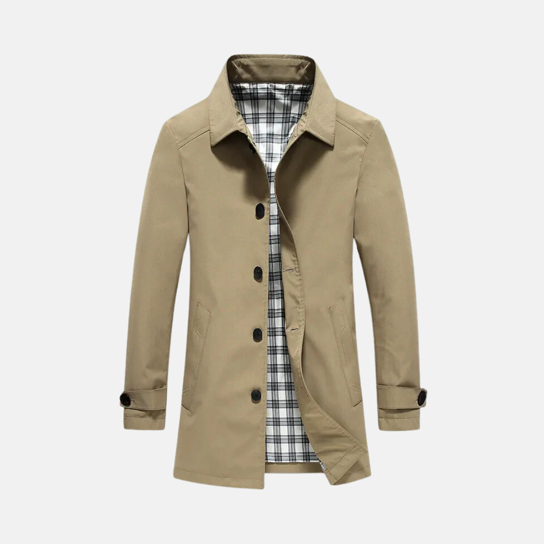 Men's mid-length tailored jacket with lapel collar and plaid interior lining, polished versatile fit