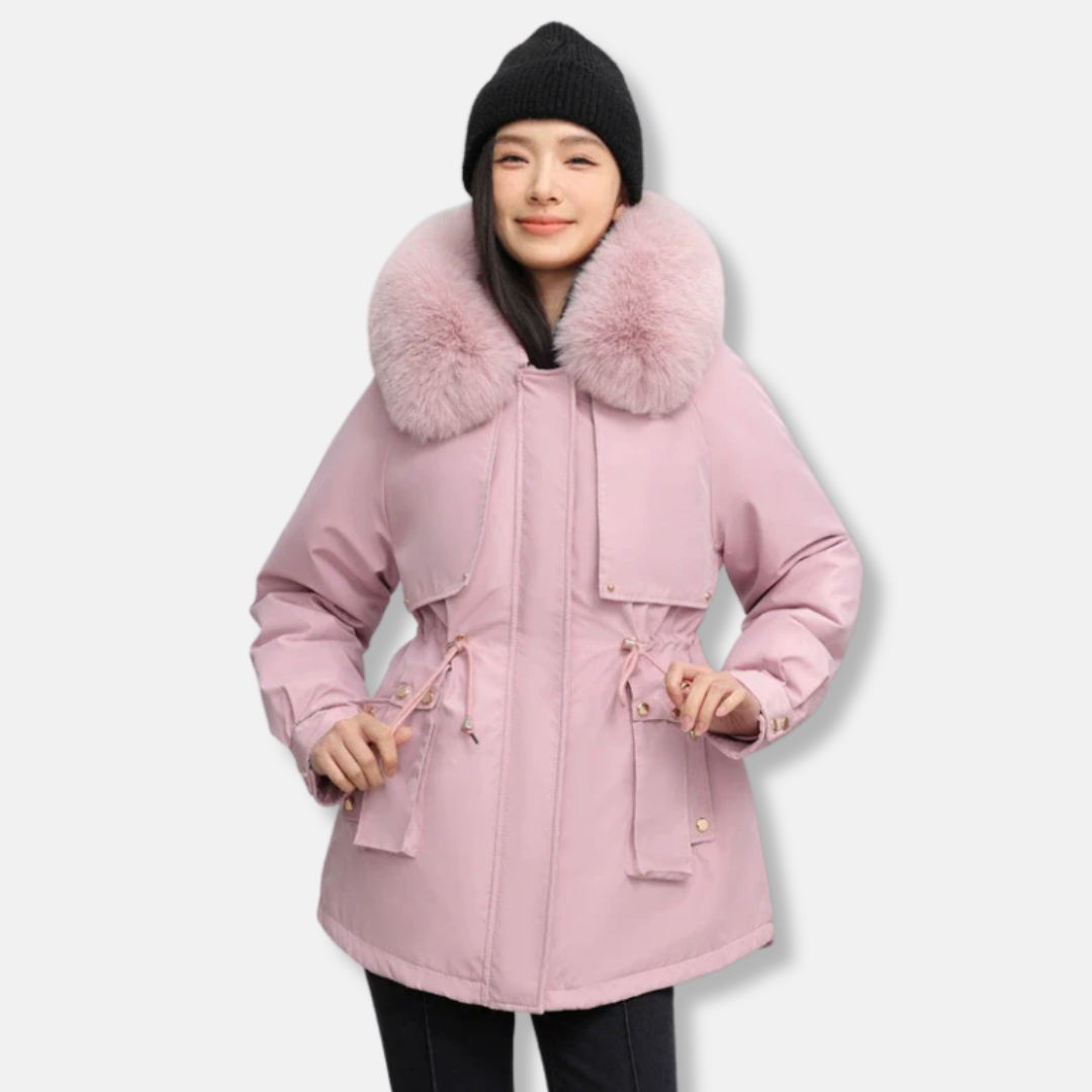 Women's weather-resistant parka with faux fur collar, drawstring waist, mid-thigh length, stylish winter coat