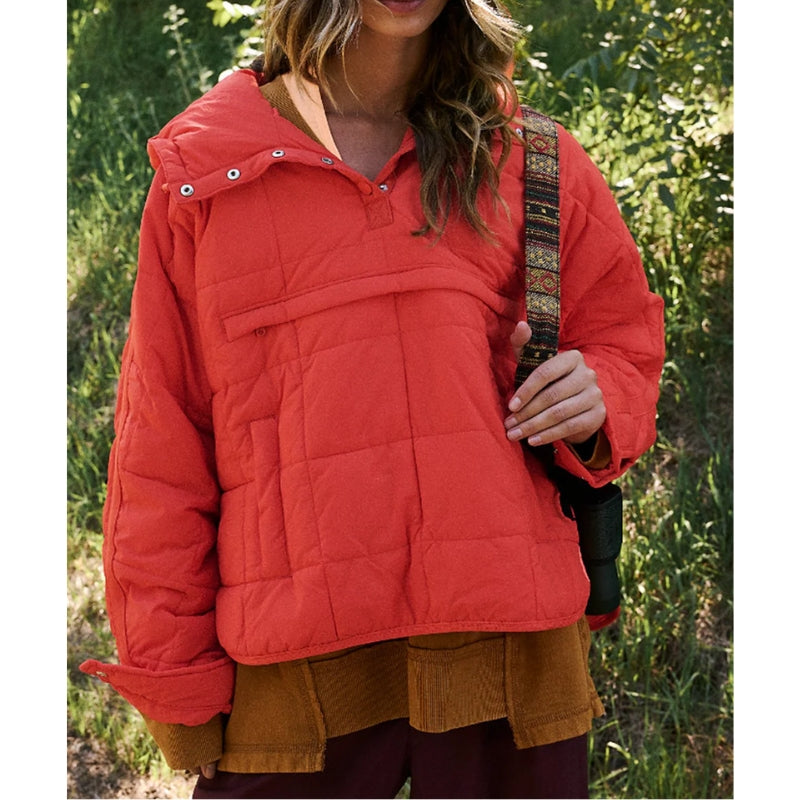Noria quilted pullover puffer jacket with hooded button-up neckline, lightweight water-resistant insulation