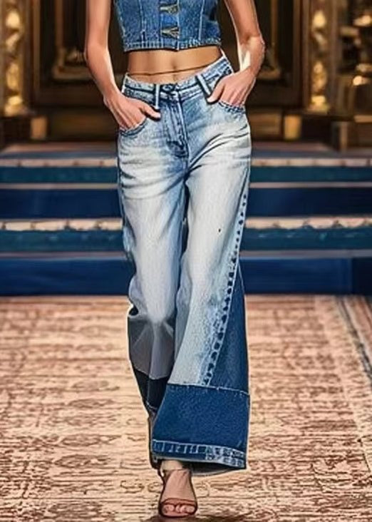 Art Denim bleu poches taille haute Patchwork pantalon court été - Wavlynn