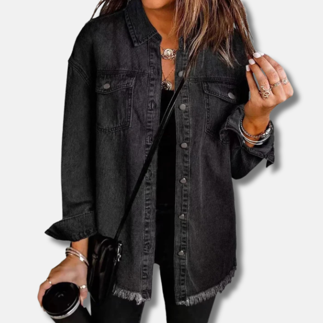 Women's oversized denim shacket with raw edge hem and button front closure in casual fall style