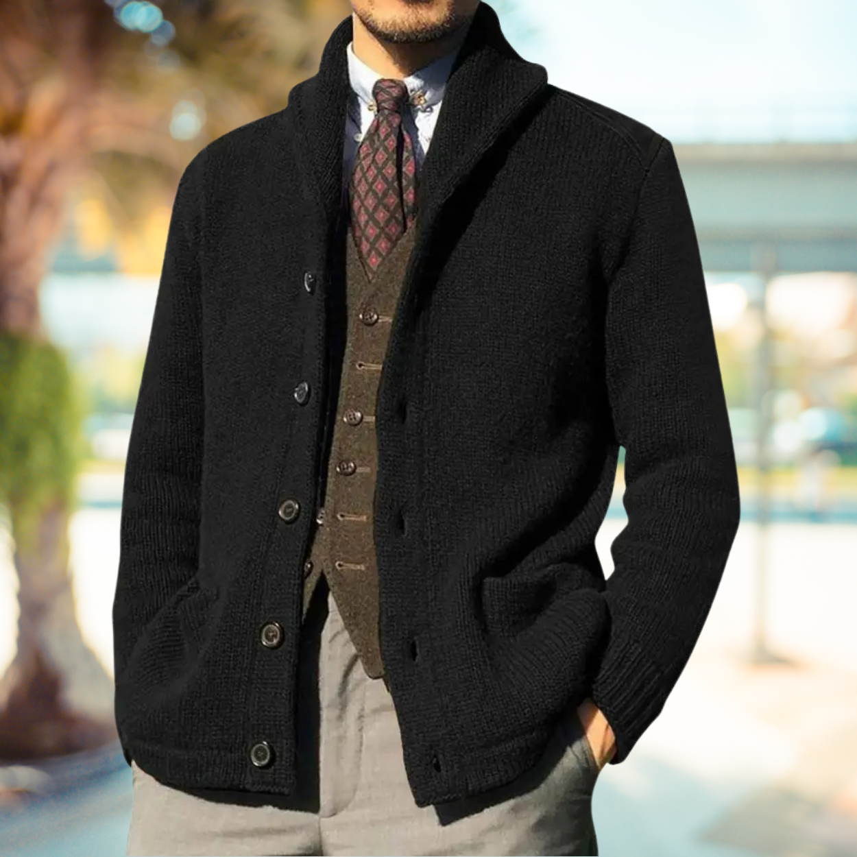 Men's shawl collar knit cardigan classic fit with button closure and side pockets lightweight wool blend